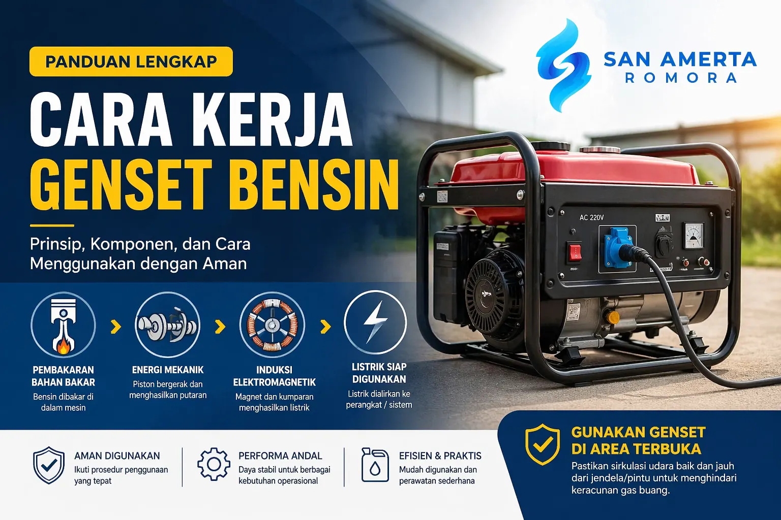 Ilustrasi cara kerja genset bensin menghasilkan listrik melalui induksi elektromagnetik