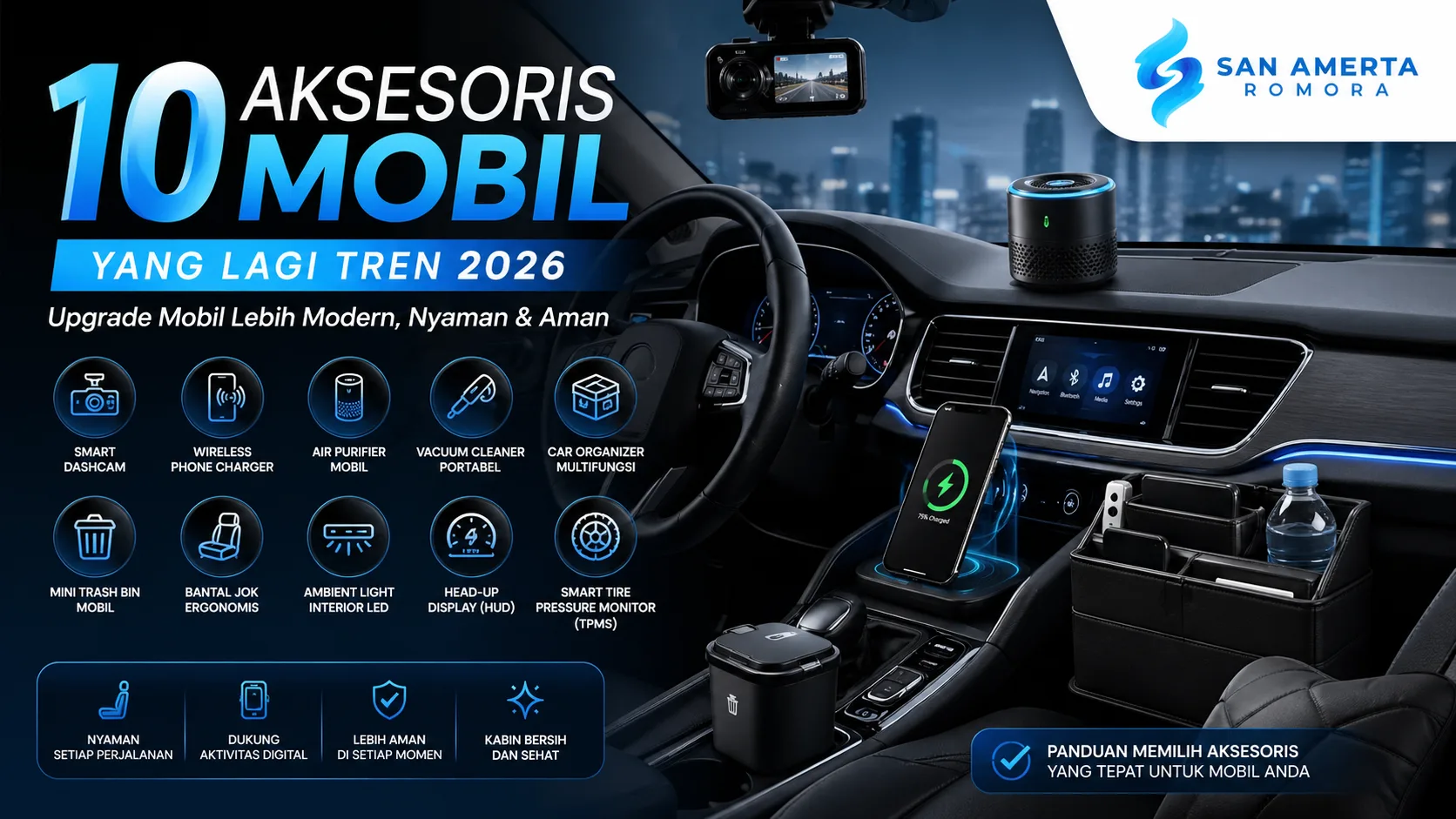 Aksesoris mobil yang lagi tren 2026 seperti smart dashcam, wireless charger, dan air purifier untuk kenyamanan dan keamanan berkendara
