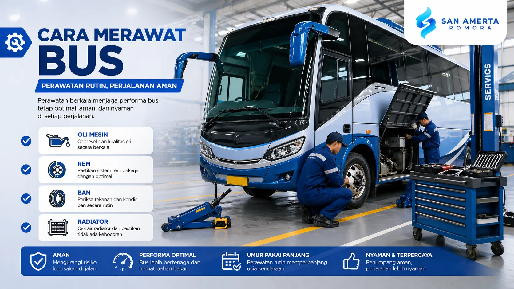 Cara merawat bus di bengkel modern dengan mekanik melakukan maintenance bus secara profesional