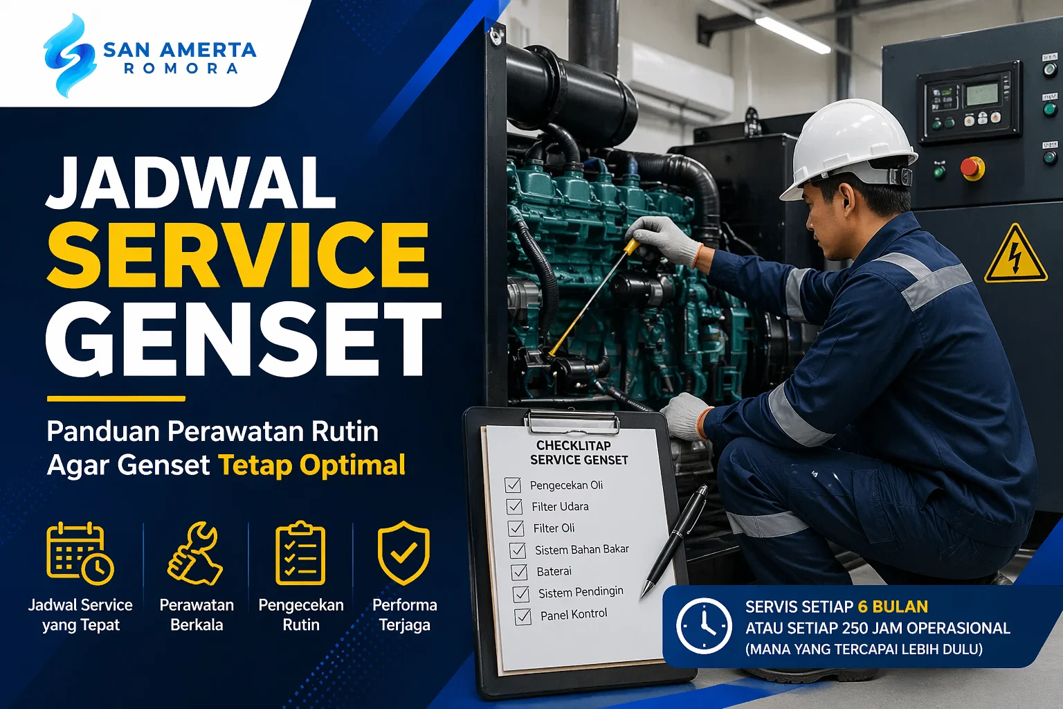 Teknisi melakukan perawatan mesin berdasarkan jadwal service genset agar performa generator tetap optimal