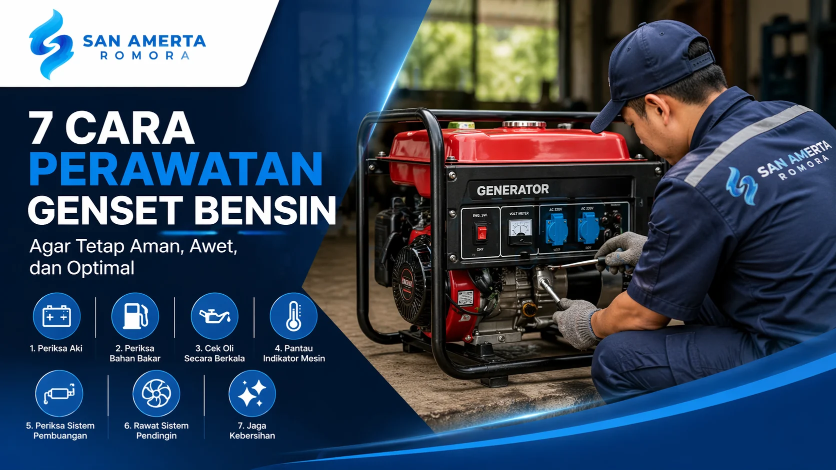 Perawatan genset bensin oleh teknisi untuk menjaga mesin tetap aman dan optimal.