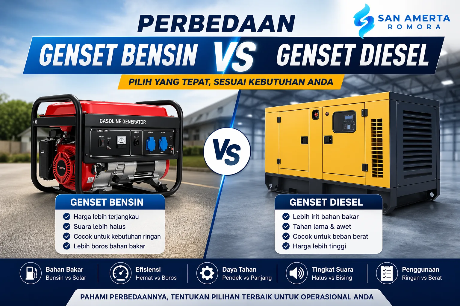 Perbedaan genset bensin dan diesel dari bahan bakar, efisiensi, daya tahan, dan penggunaan