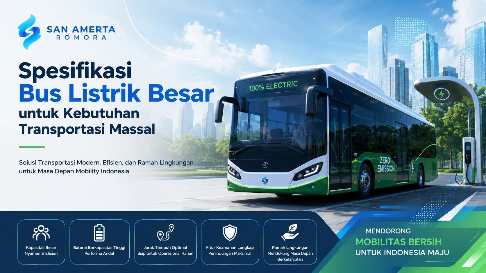 Bus listrik besar modern beroperasi di kawasan perkotaan dengan infrastruktur pengisian daya, menampilkan solusi transportasi massal yang efisien, berkapasitas besar, dan ramah lingkungan.