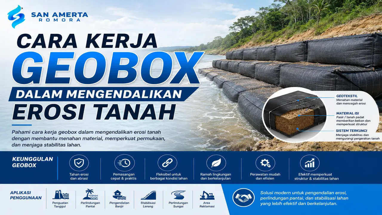cara kerja geobox dalam mengendalikan erosi tanah untuk perlindungan pantai dan stabilisasi lahan San Amerta Romora