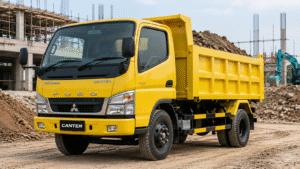 Mitsubishi Fuso Canter dump truck kuning untuk kebutuhan proyek konstruksi dan pengangkutan material di area pembangunan.