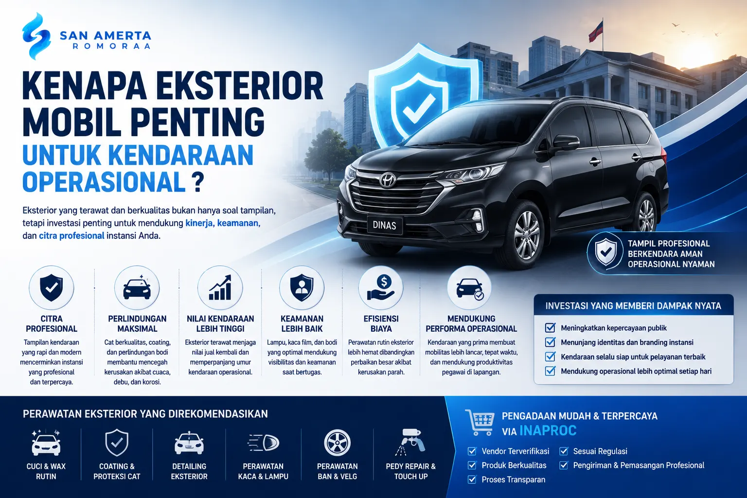 Banner eksterior mobil kendaraan operasional dengan ilustrasi mobil dinas modern, coating bodi, perlindungan cat, dan tampilan kendaraan profesional untuk mendukung mobilitas instansi.