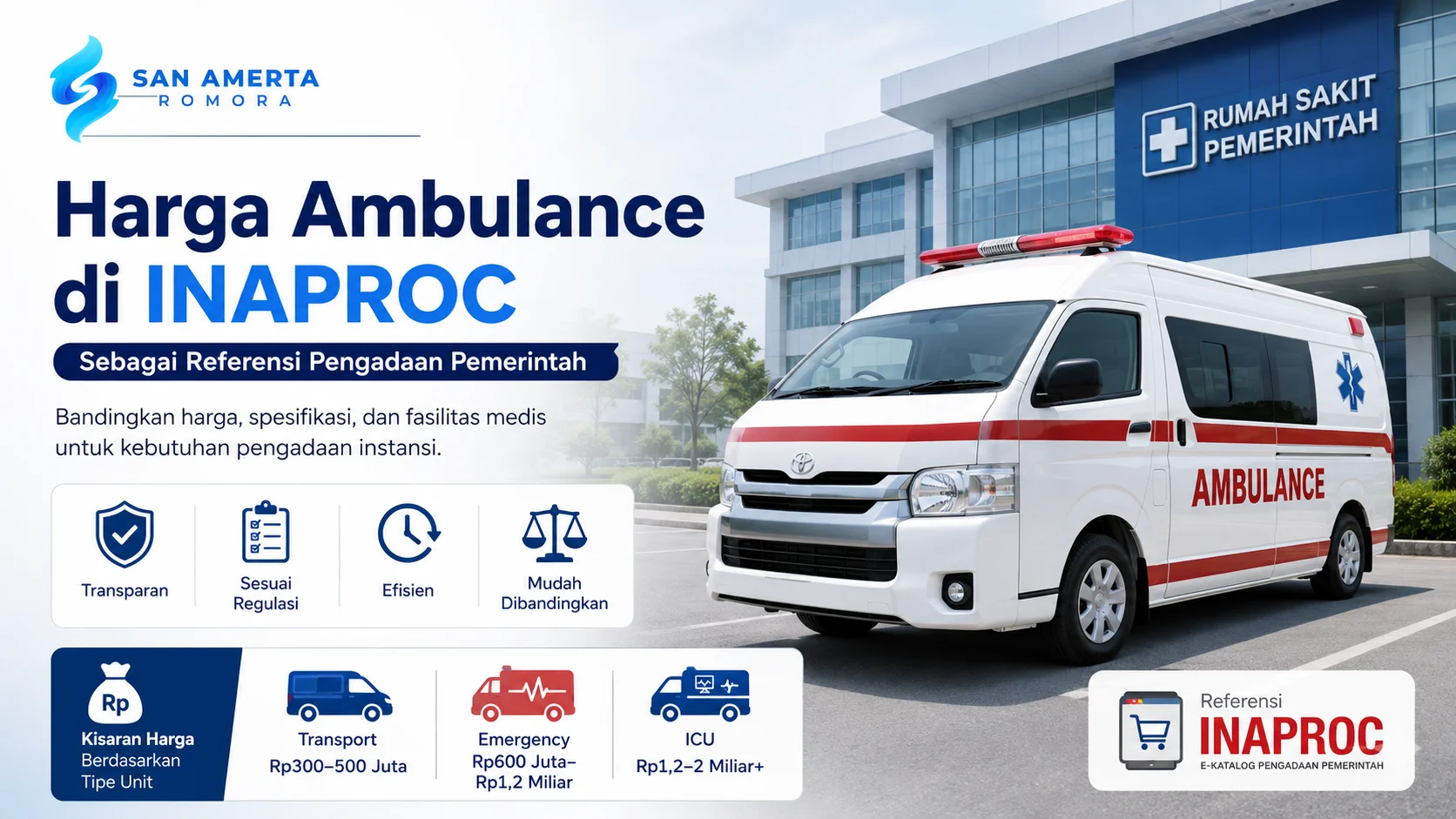 Feature image San Amerta Romora tentang harga ambulance di INAPROC sebagai referensi pengadaan pemerintah, menampilkan mobil ambulance di depan rumah sakit dengan informasi kisaran harga ambulance transport, emergency, dan ICU.