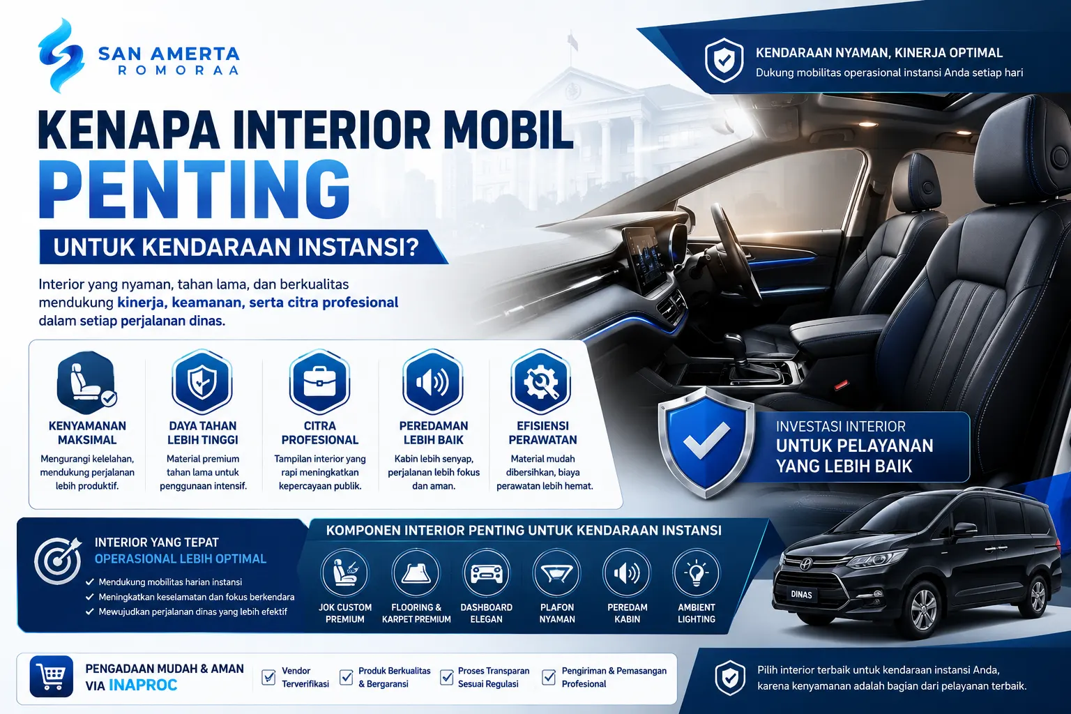 Banner interior mobil kendaraan instansi dengan ilustrasi jok premium, dashboard modern, ambient light, dan kabin kendaraan dinas untuk mendukung kenyamanan serta profesionalitas operasional.