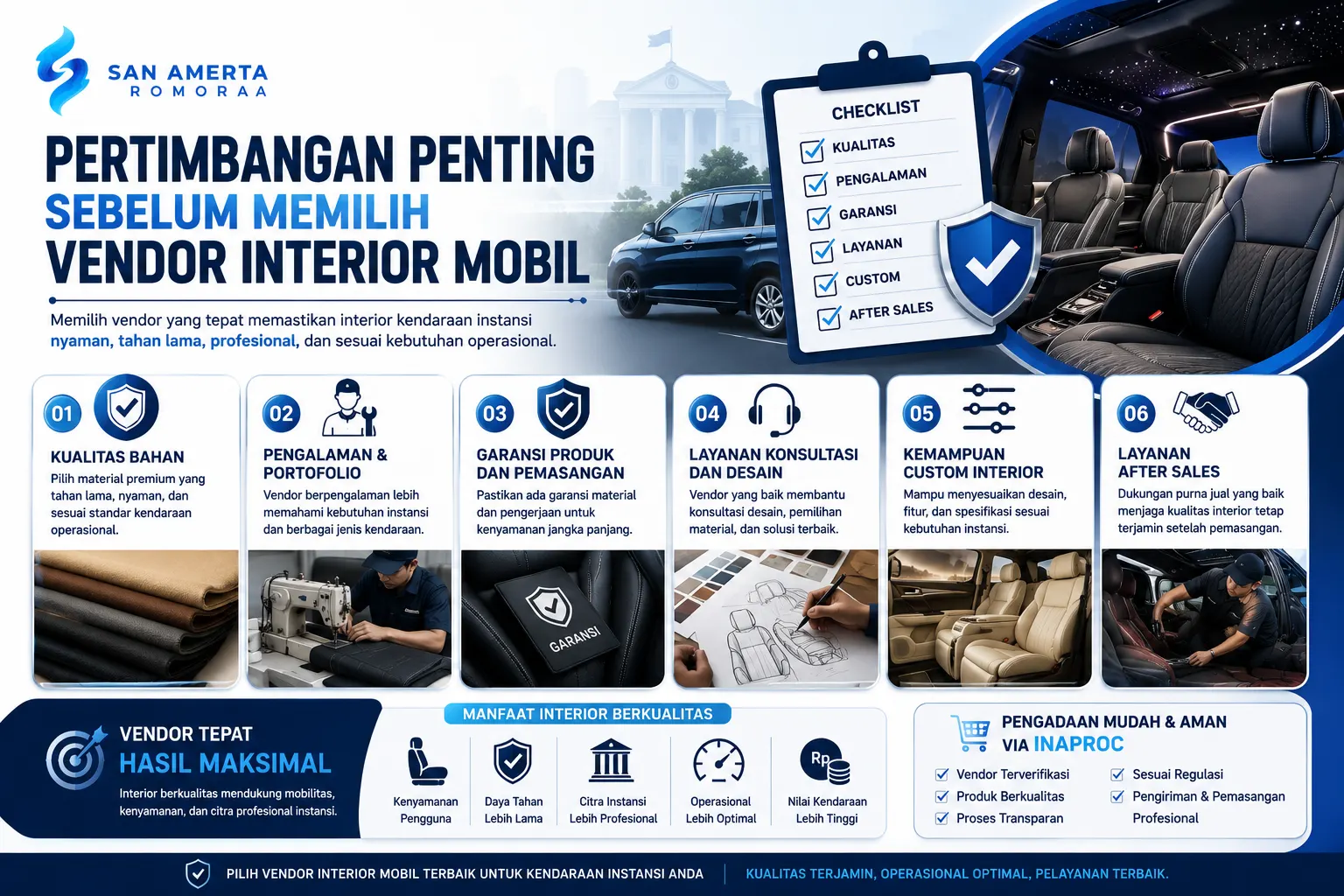 Banner pemilihan vendor interior mobil dengan ilustrasi jok premium, teknisi pemasangan profesional, checklist kualitas material, dan desain interior kendaraan dinas modern.