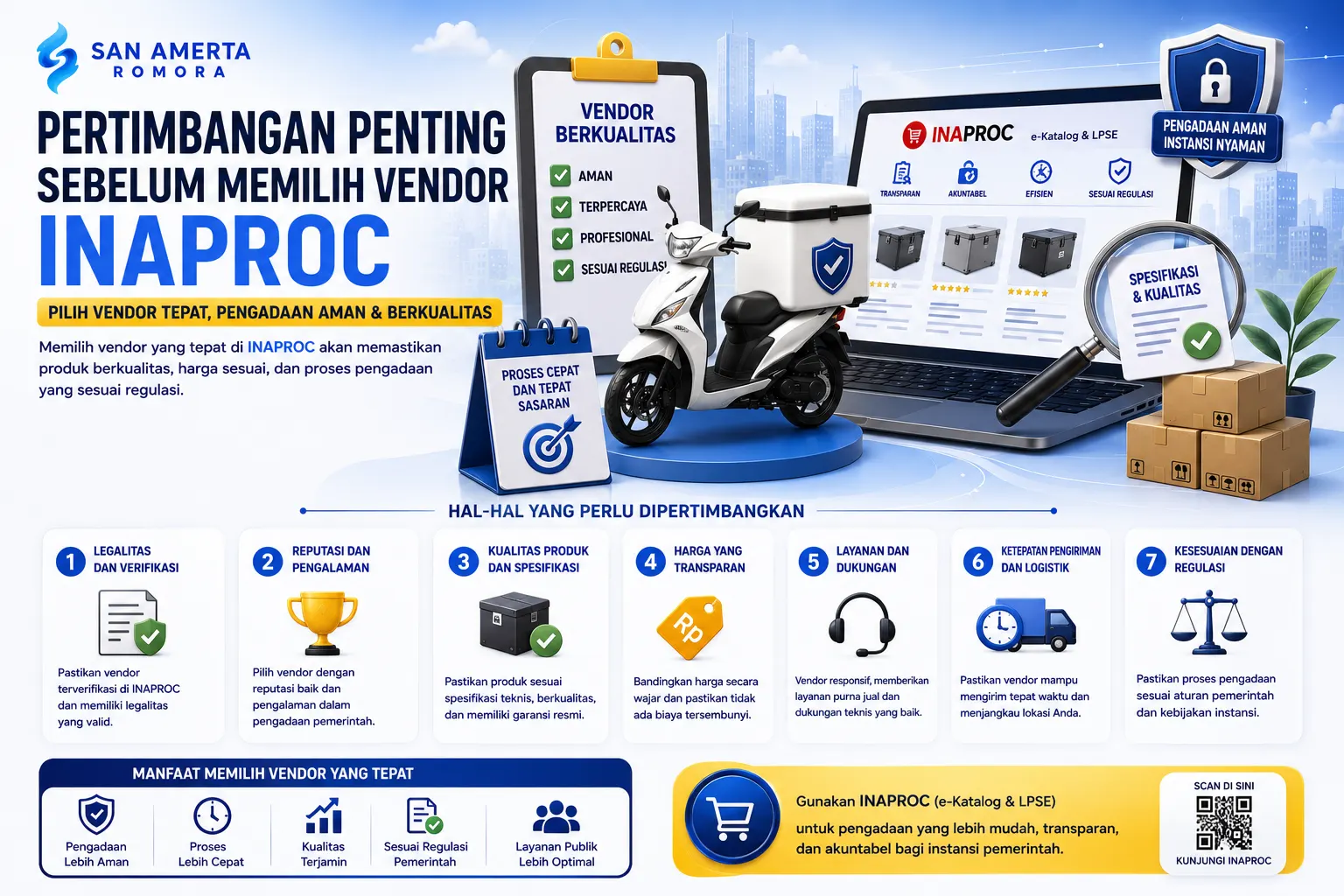 Banner pertimbangan penting sebelum memilih vendor INAPROC dengan ilustrasi vendor terverifikasi, dashboard e-Katalog digital, box motor operasional, dan proses pengadaan transparan untuk instansi pemerintah.