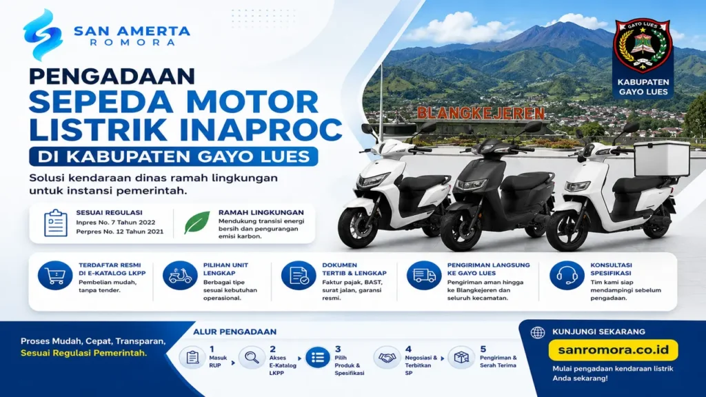 pengadaan sepeda motor listrik Inaproc di Kabupaten Gayo Lues dengan logo San Amarta Romora, menampilkan motor listrik kendaraan dinas pemerintah berlatar pegunungan Blangkejeren Aceh serta informasi layanan E-Katalog LKPP dan pengadaan resmi ramah lingkungan.