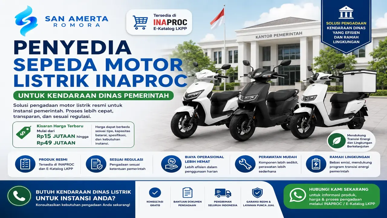 penyedia sepeda motor listrik INAPROC untuk kendaraan dinas pemerintah dengan logo San Amarta Romora, menampilkan motor listrik operasional ASN di depan kantor pemerintahan serta informasi pengadaan resmi melalui E-Katalog LKPP dengan kisaran harga mulai Rp15 juta hingga Rp49 juta.