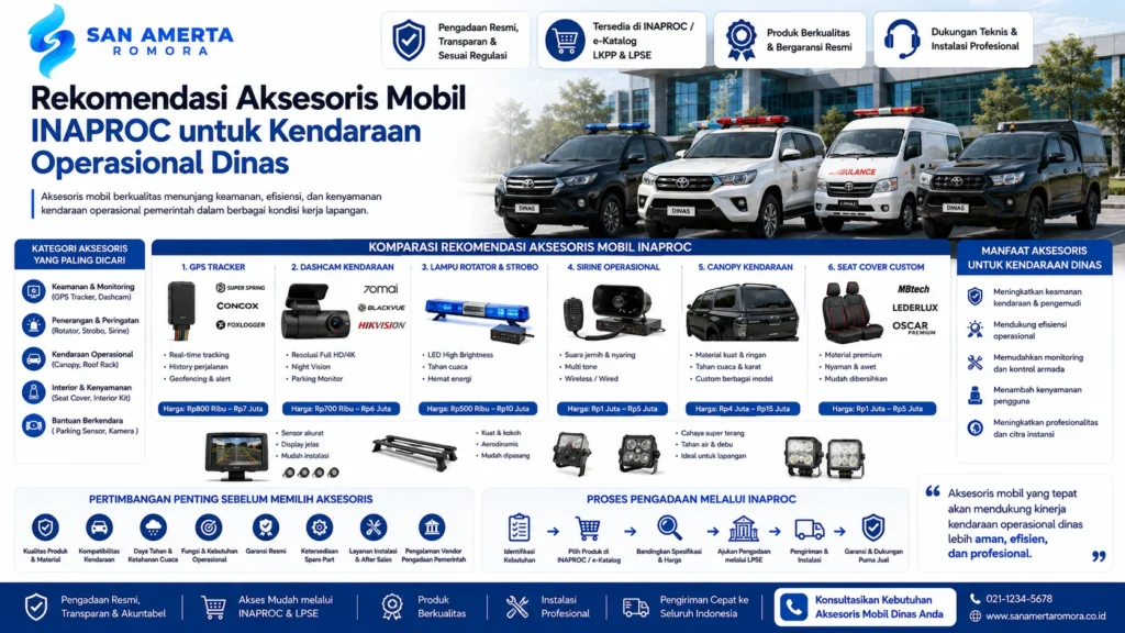Rekomendasi Aksesoris Mobil INAPROC untuk kendaraan operasional dinas dengan pilihan GPS tracker, dashcam, lampu rotator, sirine, canopy kendaraan, seat cover, dan parking sensor.