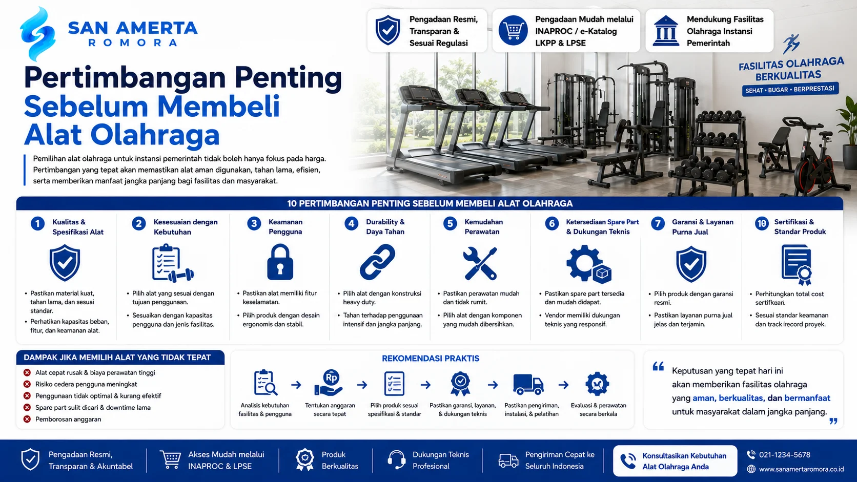 Rekomendasi Alat Olahraga untuk Fasilitas Dinas dan Pemerintahan dengan pertimbangan pengadaan seperti kualitas alat, keamanan pengguna, daya tahan, garansi, spare part, dan layanan purna jual.