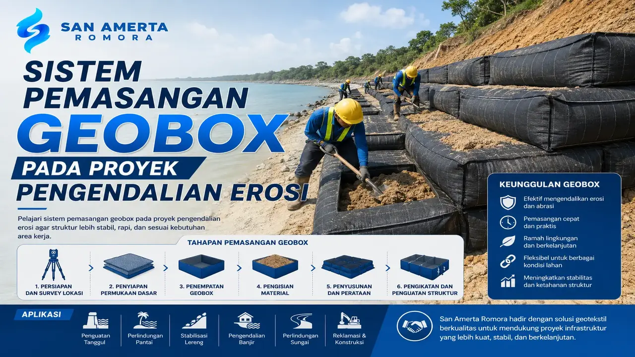 sistem pemasangan geobox proyek untuk pengendalian erosi pantai dan stabilisasi lahan oleh San Amerta Romora