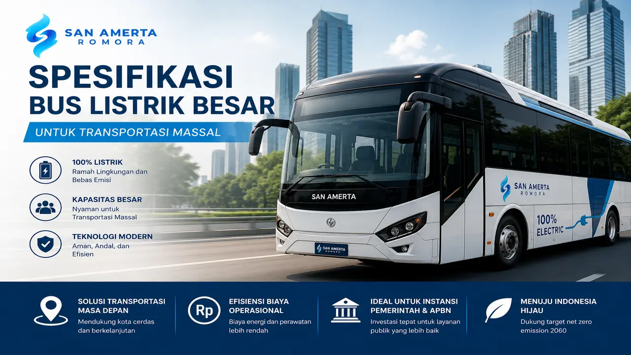 Spesifikasi Bus Listrik Besar San Amerta Romora untuk Transportasi Massal Ramah Lingkungan dan Kendaraan Listrik Instansi Pemerintah