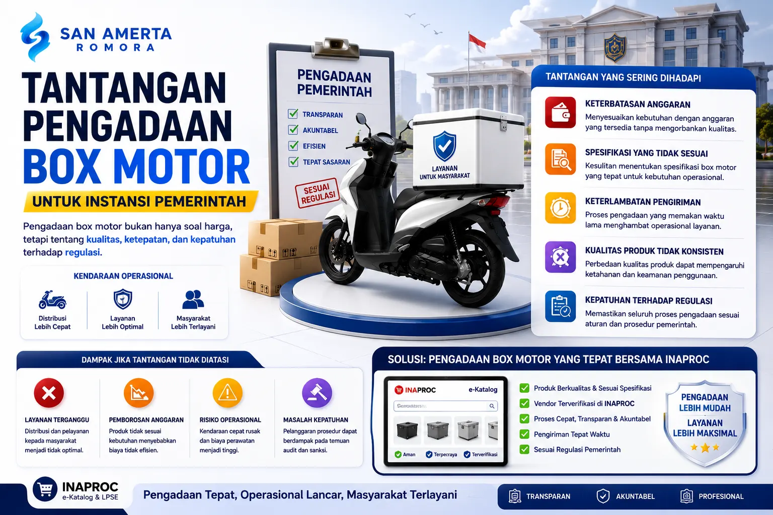 Banner tantangan pengadaan box motor untuk instansi pemerintah dengan ilustrasi motor operasional, sistem e-Katalog INAPROC, dokumen pengadaan, dan distribusi logistik untuk mendukung layanan publik.