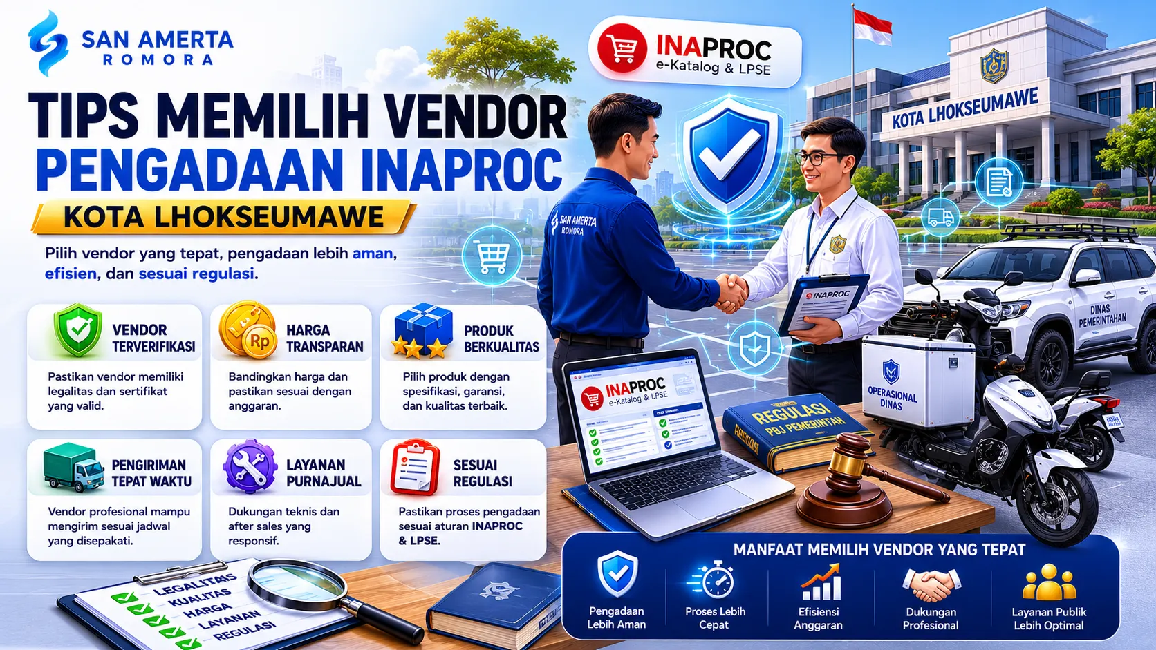 Banner tips memilih vendor pengadaan INAPROC Kota Lhokseumawe dengan ilustrasi dashboard e-Katalog, vendor terverifikasi, kendaraan operasional pemerintah, dan proses pengadaan transparan untuk instansi pemerintah.