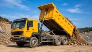 Ilustrasi dump truck mengangkut material di area proyek