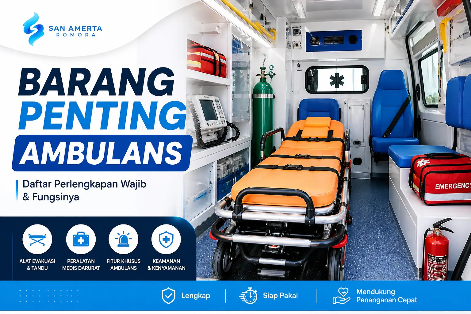 Barang penting ambulans lengkap dengan perlengkapan medis dan alat evakuasi di dalam mobil ambulans