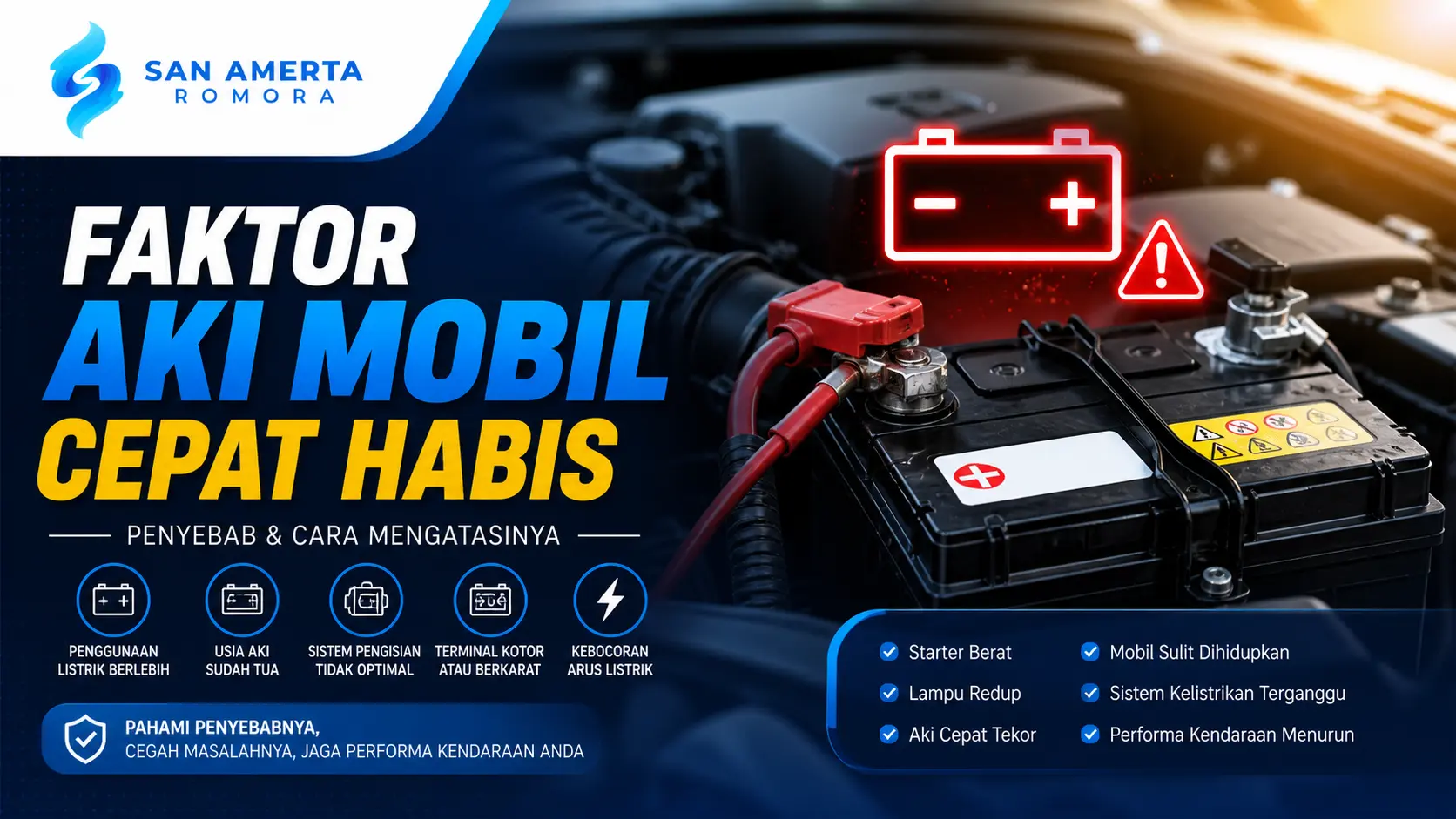 Ilustrasi faktor aki mobil cepat habis dengan tampilan aki mobil di dalam mesin serta indikator baterai lemah