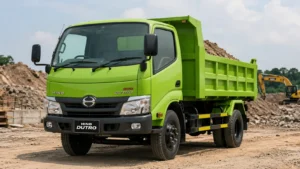 Hino Dutro dump truck hijau untuk operasional proyek konstruksi dan pengangkutan material di area lapangan.