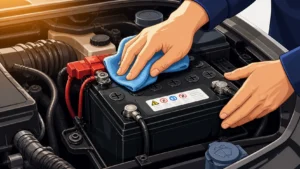 ilustrasi perawatan aki mobil dengan membersihkan aki menggunakan kain