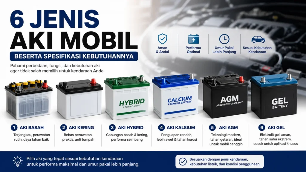Ilustrasi jenis aki mobil lengkap mulai dari aki basah, aki kering, hybrid, kalsium, AGM, hingga aki gel beserta perbedaannya dan spesifikasinya.