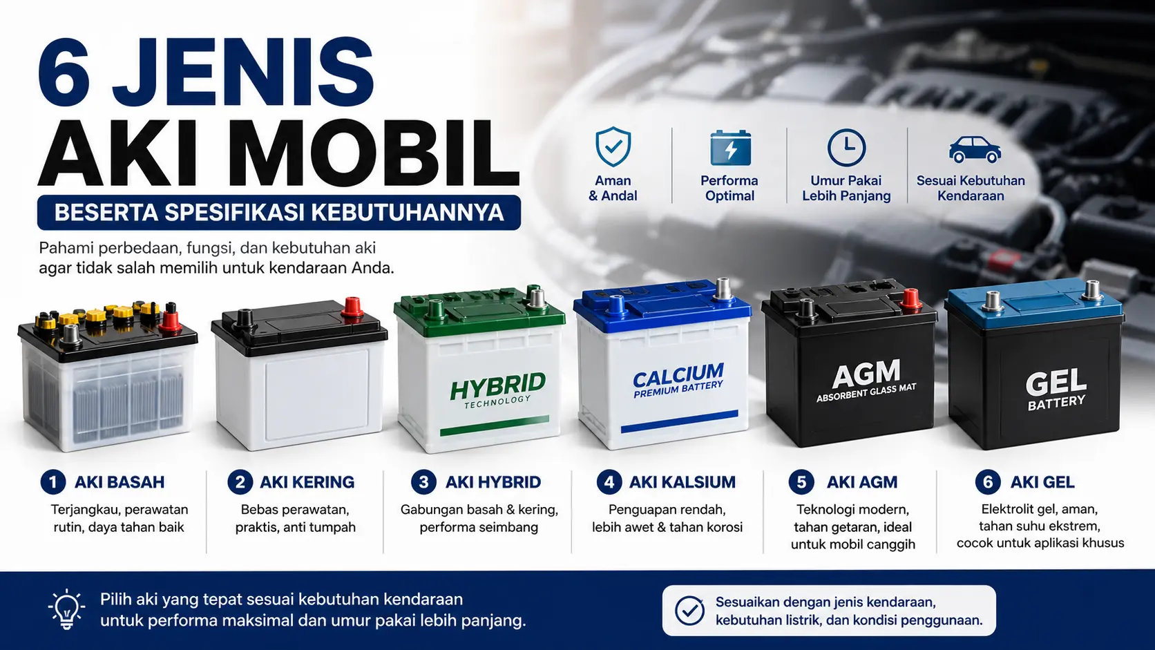 Ilustrasi jenis aki mobil lengkap mulai dari aki basah, aki kering, hybrid, kalsium, AGM, hingga aki gel beserta perbedaannya dan spesifikasinya.