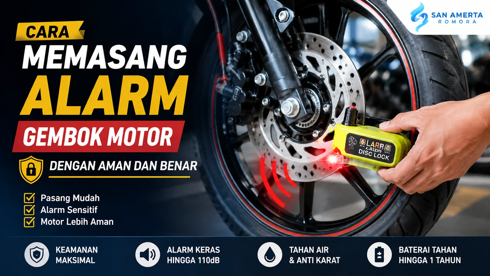 Memasang alarm gembok motor dengan aman dan benar pada cakram rem motor