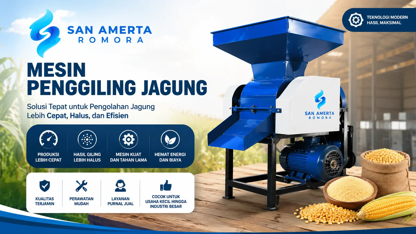 Mesin penggiling jagung San Amerta Romora untuk pakan ternak dan kebutuhan pertanian modern