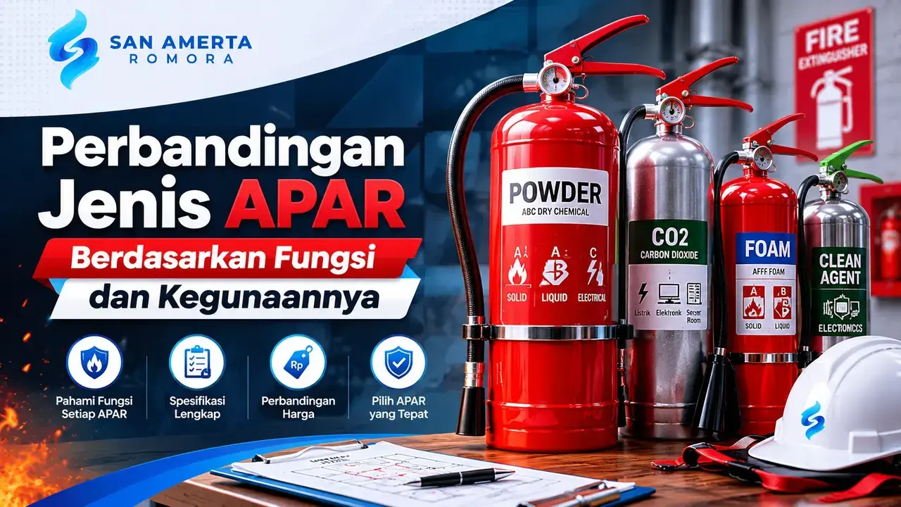 Perbandingan jenis APAR berdasarkan fungsi dan kegunaannya meliputi powder, CO2, foam, dan clean agent untuk kebutuhan proteksi kebakaran