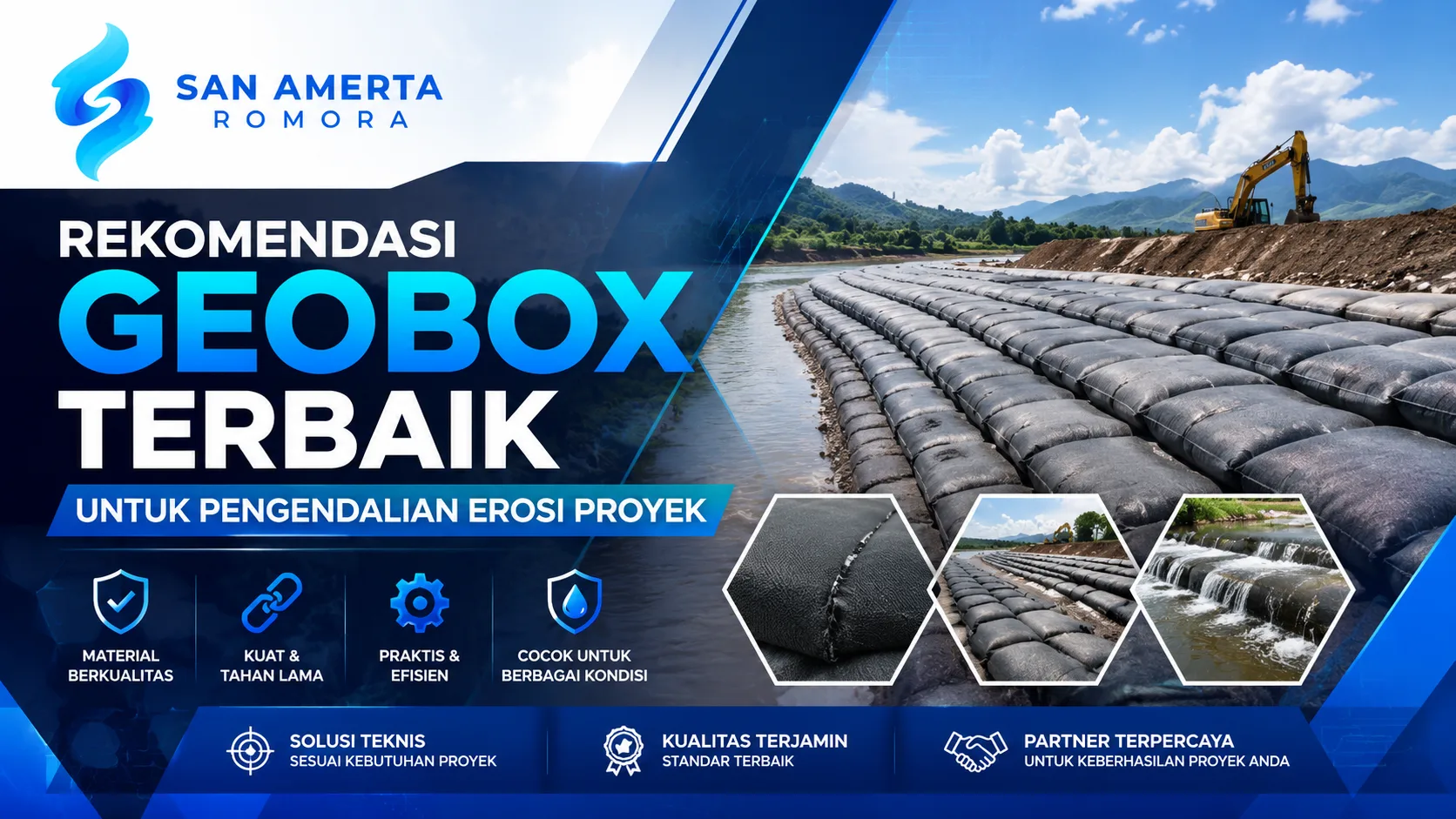 Ilustrasi gambar rekomendasi geobox terbaik untuk pengendalian erosi proyek oleh San Amerta Romora dengan material geobox berkualitas untuk perlindungan lereng dan abrasi.