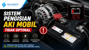Ilustrasi sistem pengisian aki mobil tidak optimal dengan alternator dan aki di dalam mesin kendaraan