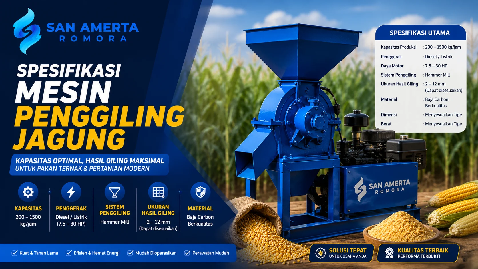 Spesifikasi mesin penggiling jagung untuk pakan ternak dan pertanian modern