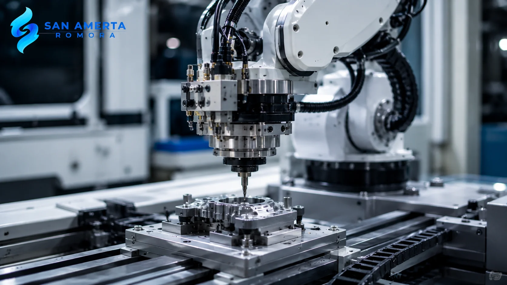 Close-up mesin manufacturing otomatis dengan lengan robot industri yang melakukan proses produksi presisi di lingkungan pabrik modern.