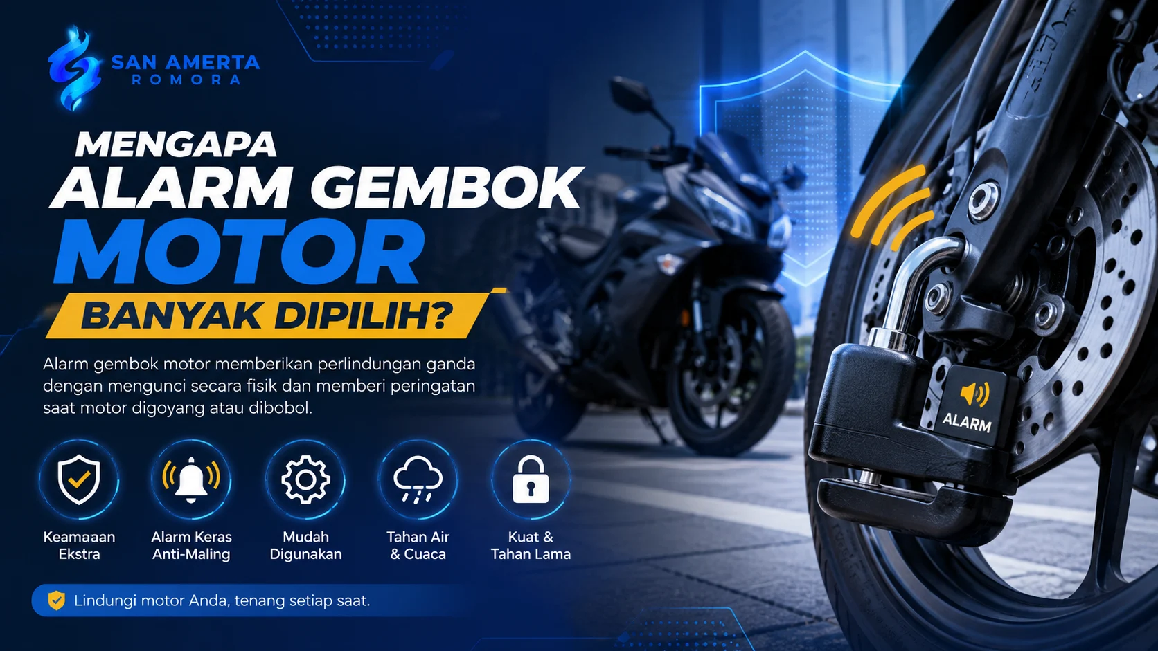 Ilustrasi motor yang diamankan dengan alarm gembok pada roda cakram, dilengkapi visual gelombang alarm dan simbol keamanan untuk menggambarkan perlindungan ekstra terhadap risiko pencurian.