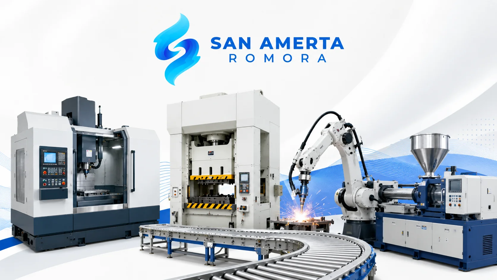 Banner mesin manufacturing modern menampilkan CNC, mesin press, robot welding, injection molding, dan conveyor dengan logo San Amerta Romora