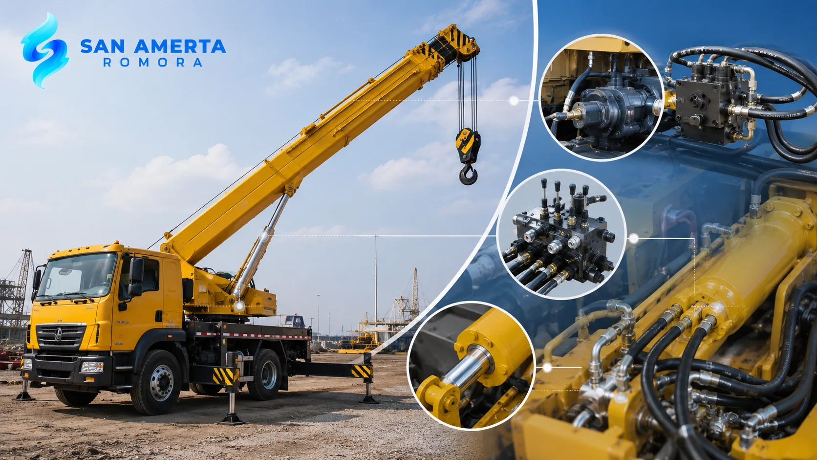 Sistem hidrolik truk crane dengan komponen silinder, selang, dan pompa hidrolik sebagai ilustrasi mekanisme pengangkatan alat berat.