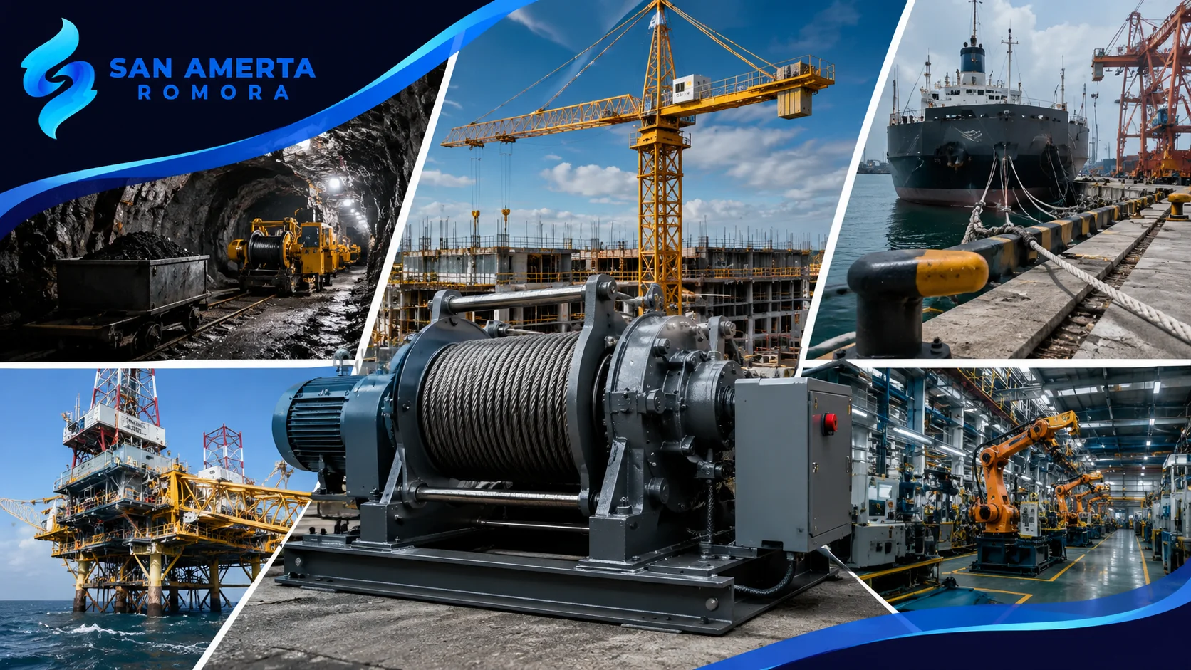 Banner winch machine San Amerta Romora yang menampilkan aplikasi winch pada sektor konstruksi, pelabuhan, pertambangan, manufaktur, dan industri offshore.