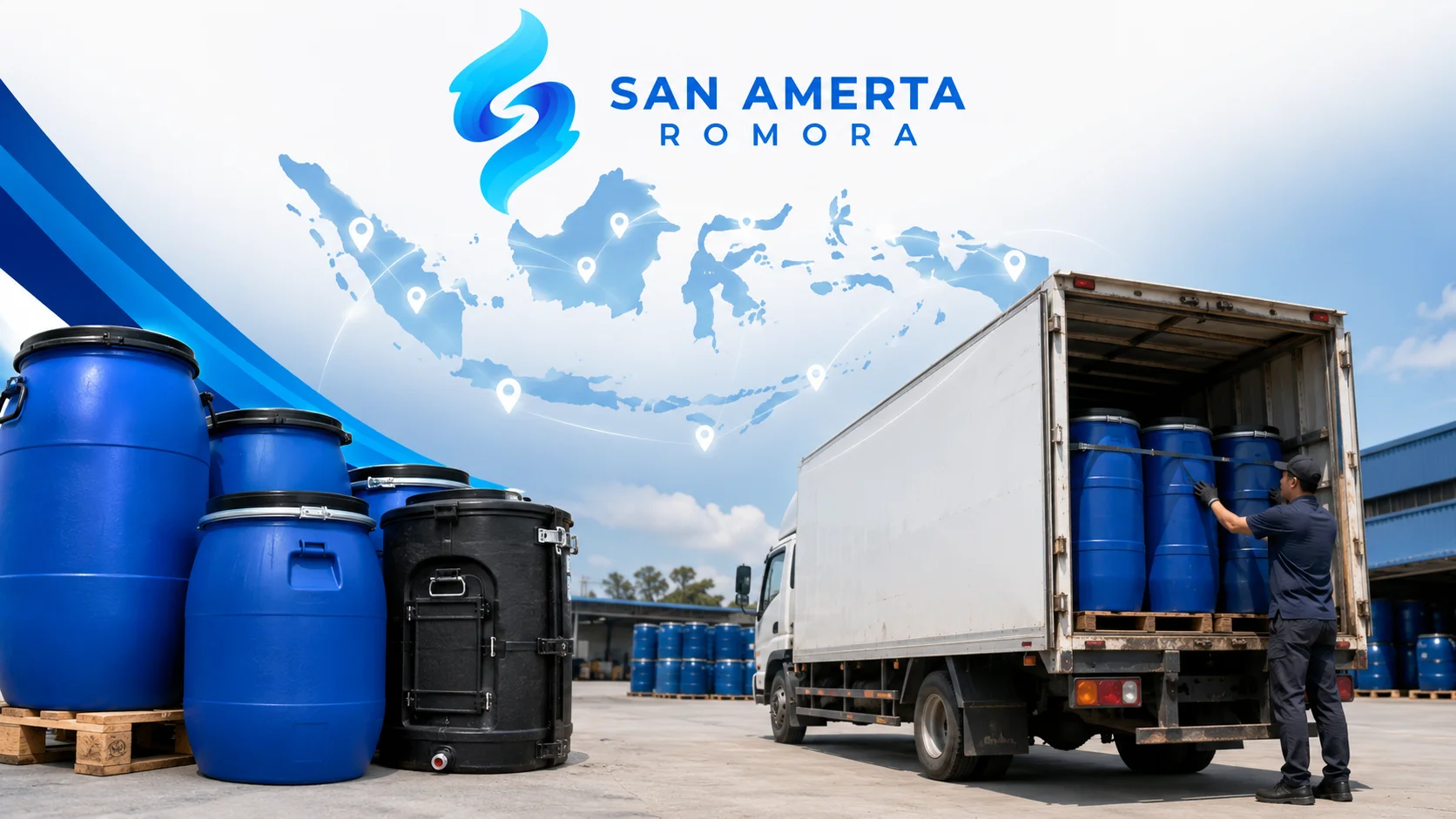 Distribusi drum HDPE dan drum besi oleh San Amerta Romora untuk mendukung pengadaan Inaproc Kabupaten Indramayu dengan jangkauan layanan lokal.