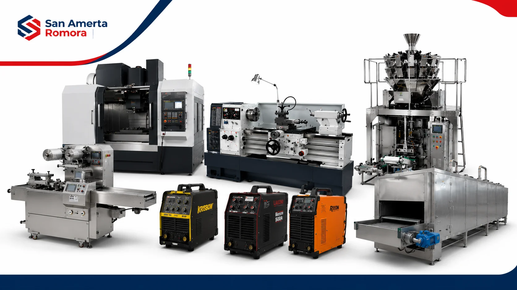 Beragam mesin manufacturing seperti mesin CNC, mesin bubut, mesin packaging, mesin las, dan peralatan industri untuk mendukung kebutuhan produksi di berbagai sektor industri