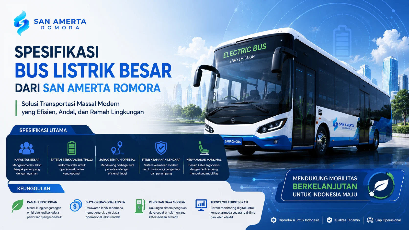 Bus listrik besar San Amerta Romora dengan desain modern dan teknologi kendaraan listrik untuk mendukung transportasi massal yang efisien, aman, dan ramah lingkungan.