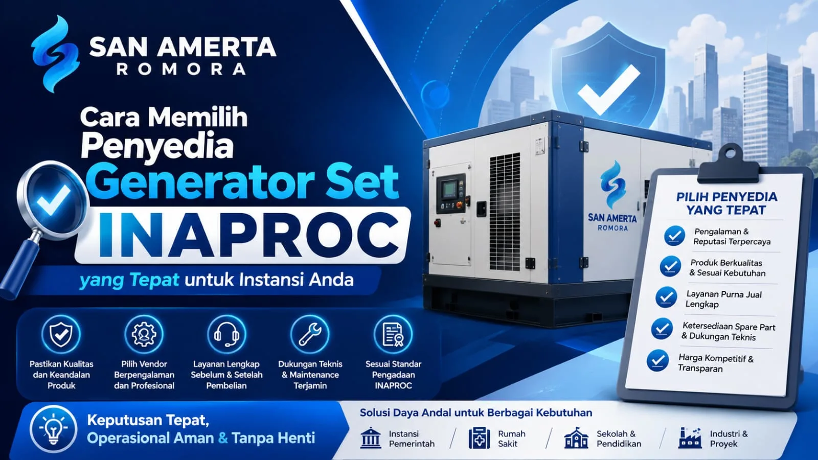 Banner San Amerta Romora tentang cara memilih penyedia generator set INAPROC yang tepat, menampilkan genset, daftar kriteria vendor terpercaya, dan solusi pengadaan untuk berbagai instansi.