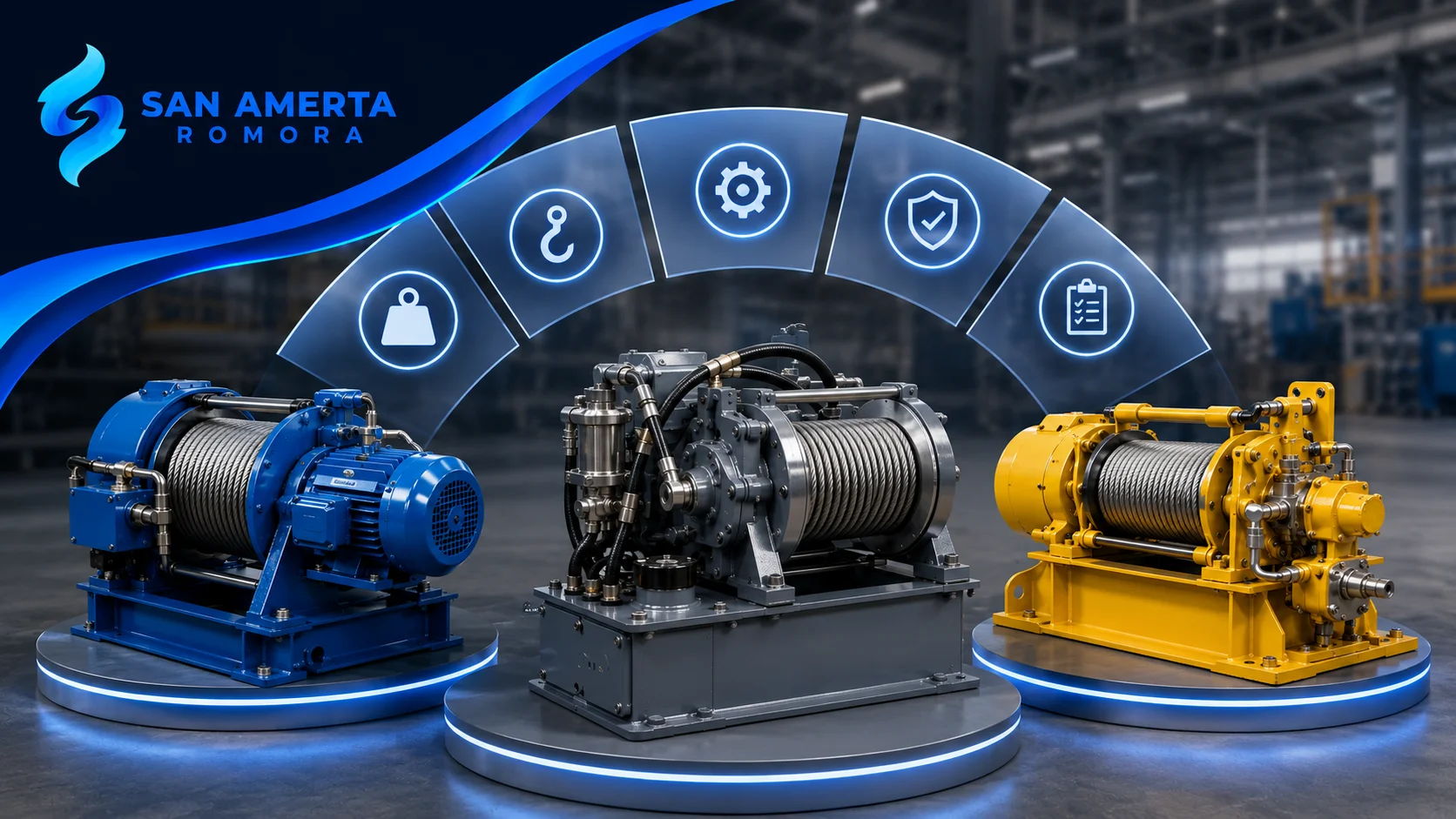 Banner winch machine San Amerta Romora yang menampilkan berbagai tipe winch industri untuk membantu menentukan solusi pengangkatan dan penarikan beban sesuai kebutuhan operasional.