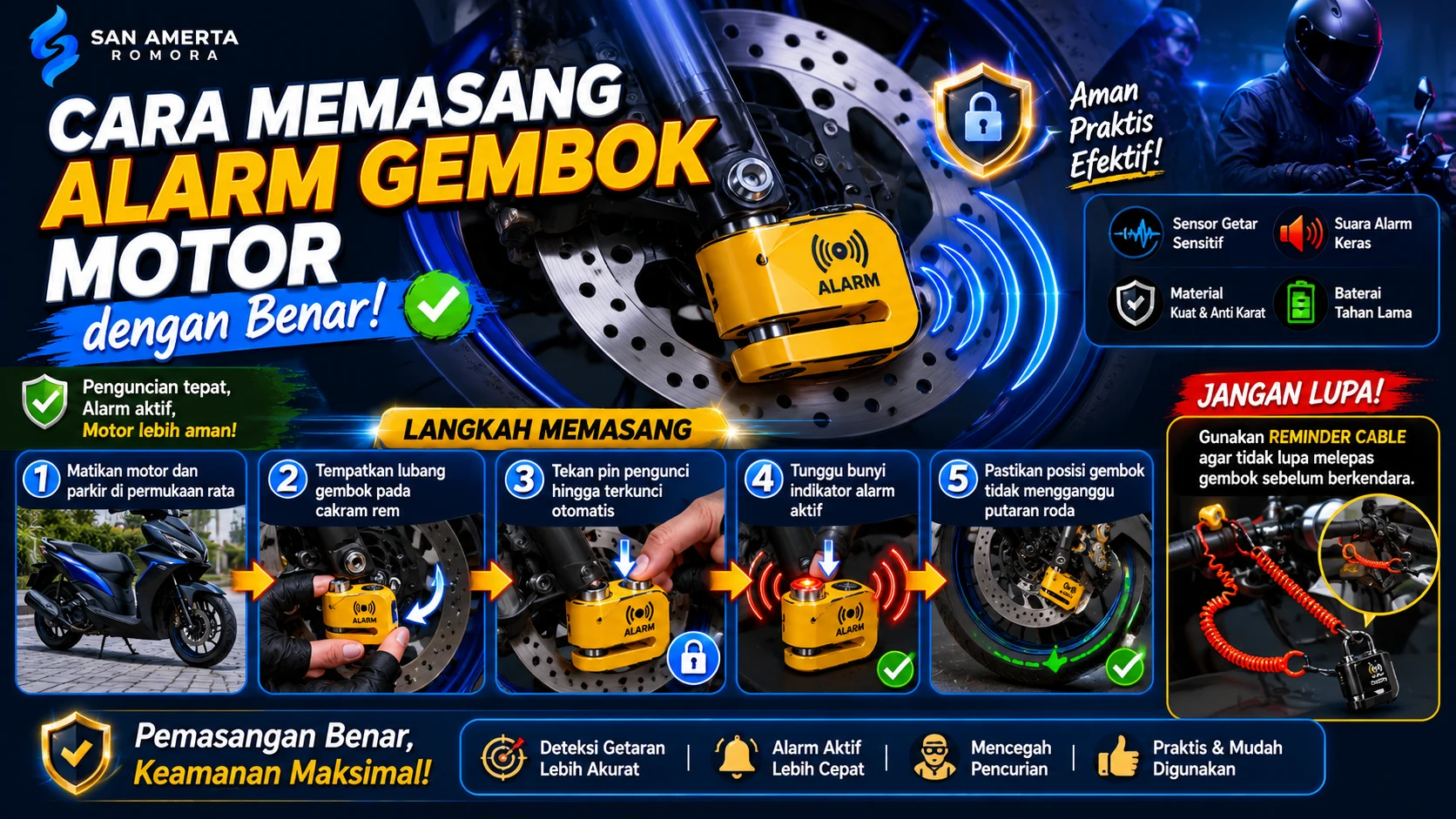 Infografis langkah pemasangan alarm gembok motor pada cakram rem, mulai dari memarkir motor, memasang gembok, mengaktifkan alarm, hingga memastikan posisi penguncian aman sebelum digunakan.