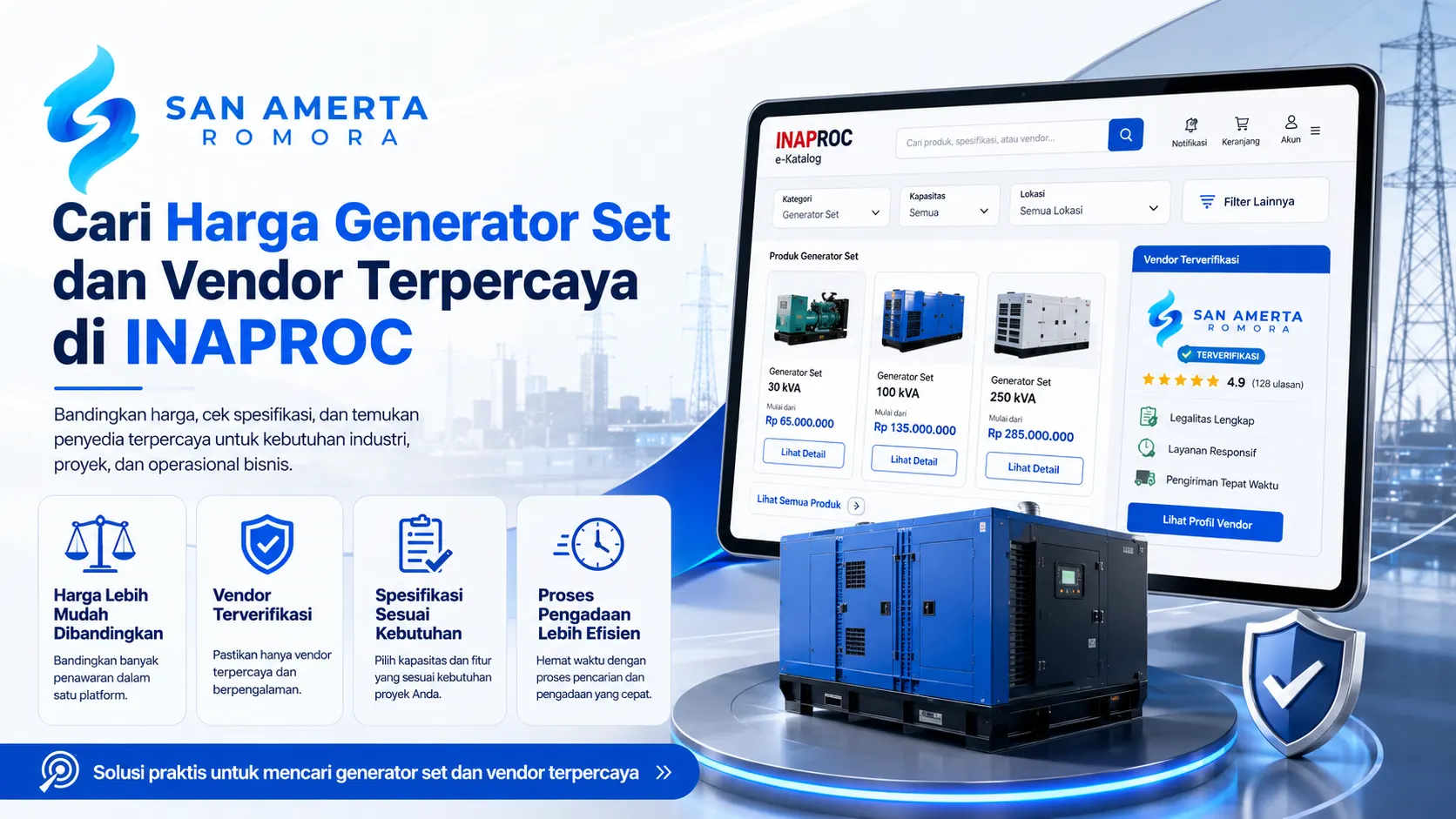 Banner pencarian harga generator set dan vendor terpercaya di INAPROC bersama San Amerta Romora.
