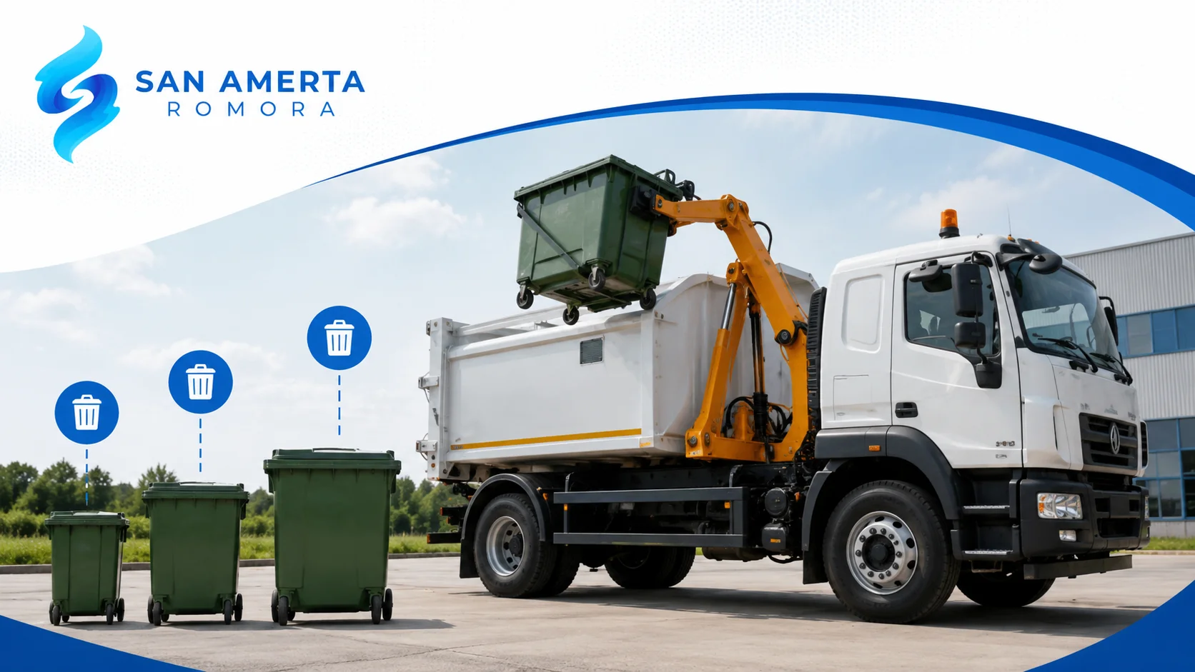 Banner menampilkan side loader truck yang sedang mengangkat kontainer sampah menggunakan sistem hidrolik dengan logo San Amerta Romora, menggambarkan kapasitas angkut armada kebersihan modern.