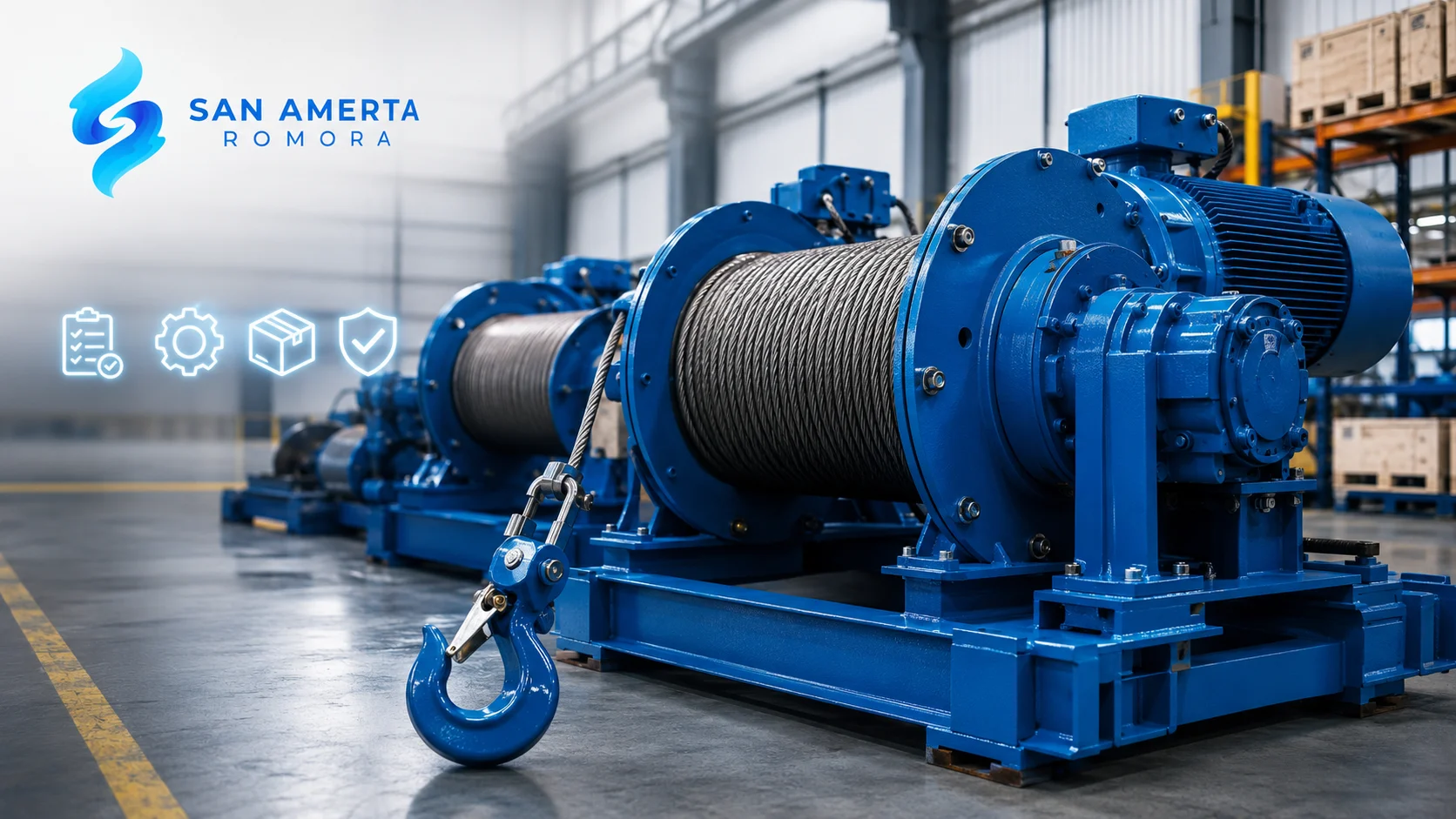 Deretan winch machine industri di area gudang dengan logo San Amerta Romora.