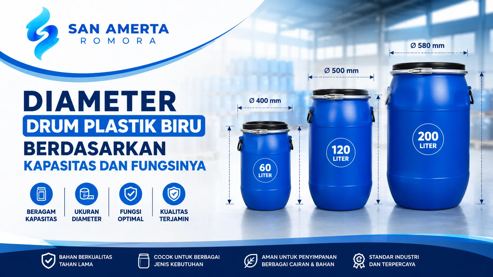 Infografis spesifikasi diameter drum plastik biru San Amerta Romora ukuran kapasitas 60 liter diameter 400 mm, 120 liter diameter 500 mm, dan 200 liter diameter 580 mm untuk kebutuhan industri.